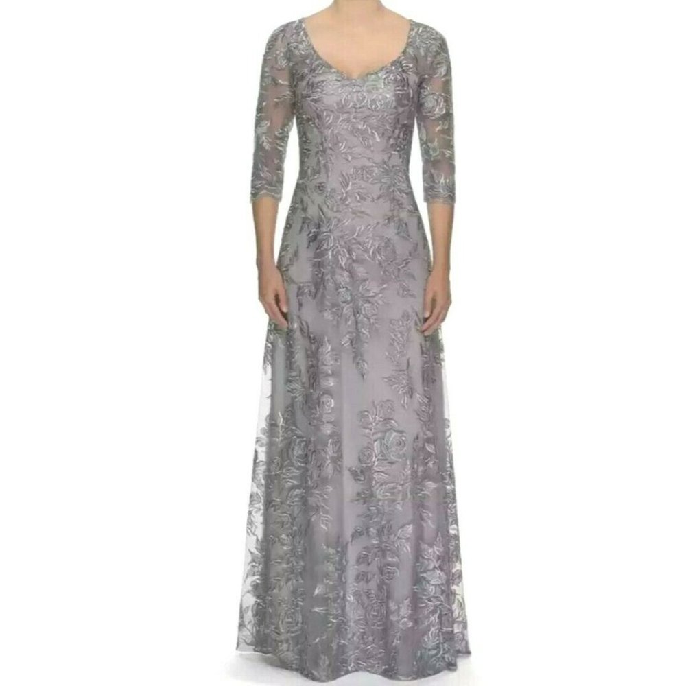 La Femme Silver Metallic Floral Embroidered Mesh A-Line Evening Gown Dress sz 18